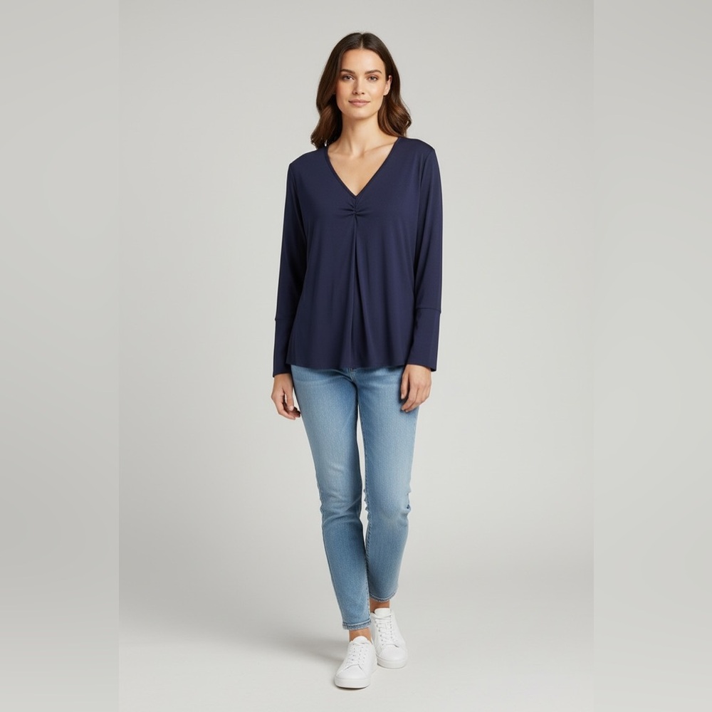 Lilla P 3/4 Sleeve V-Neck Ruched Back Tee Navy Size Large